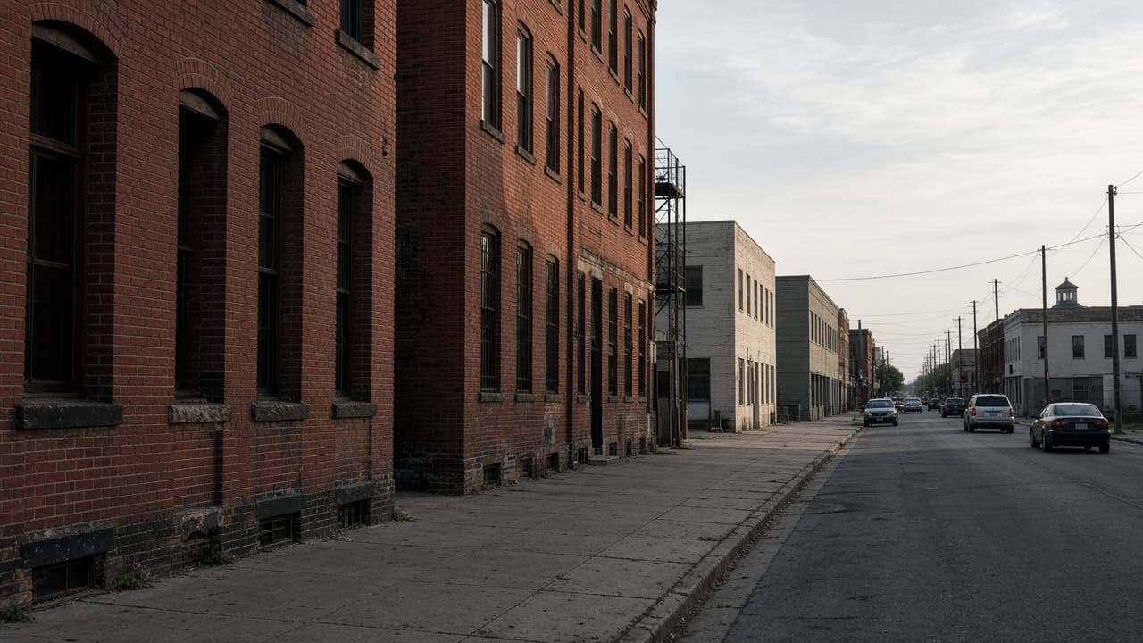 Older brick commercial buildings along a wide city street.