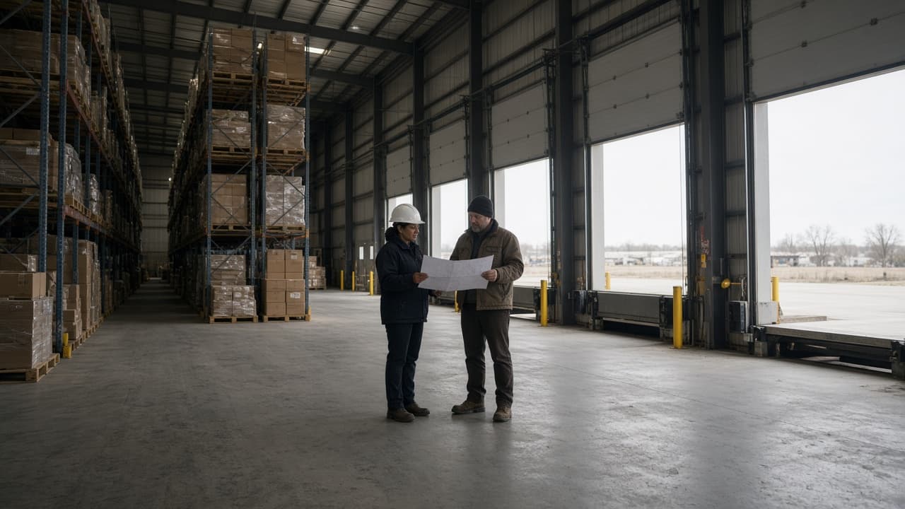 Two people reviewing a layout beside warehouse loading docks.