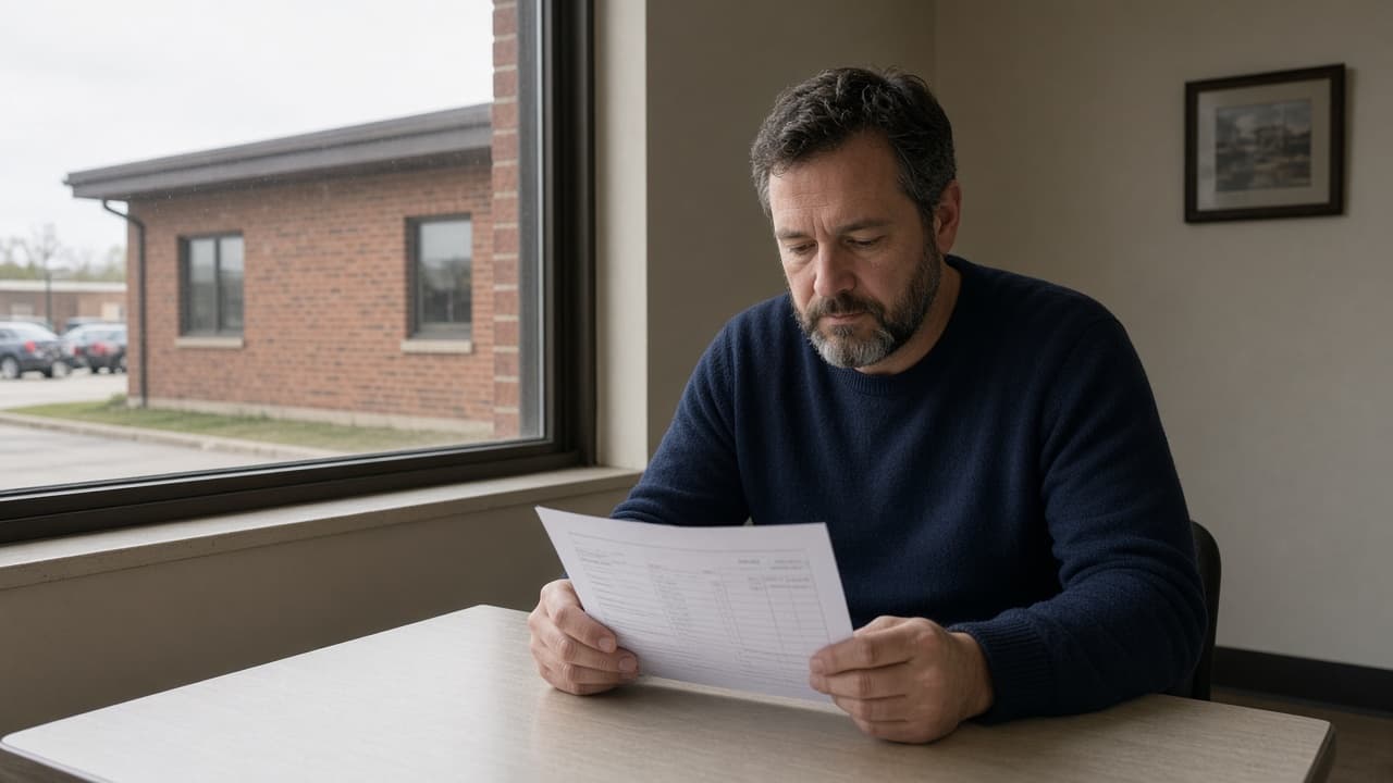 A person reviewing property papers inside a brick commercial building.