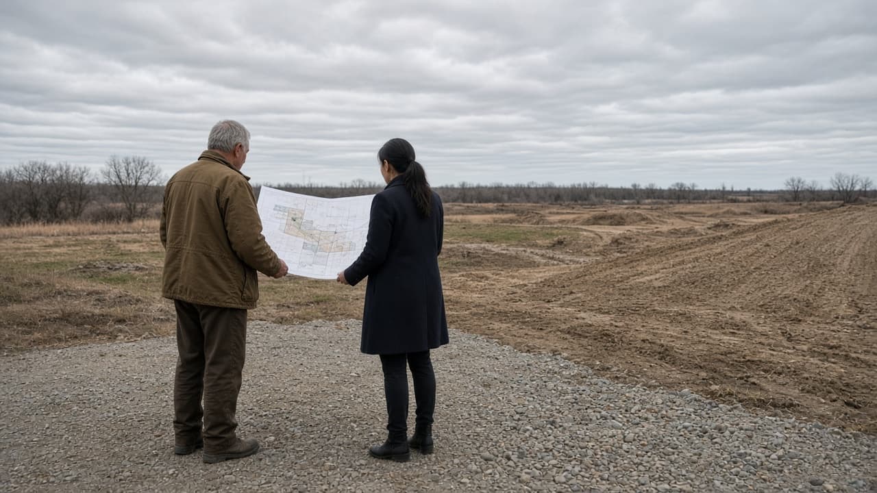 Two people reviewing a site plan on open commercial land.