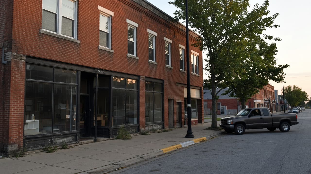 A two-story brick mixed-use building on a small-city street.