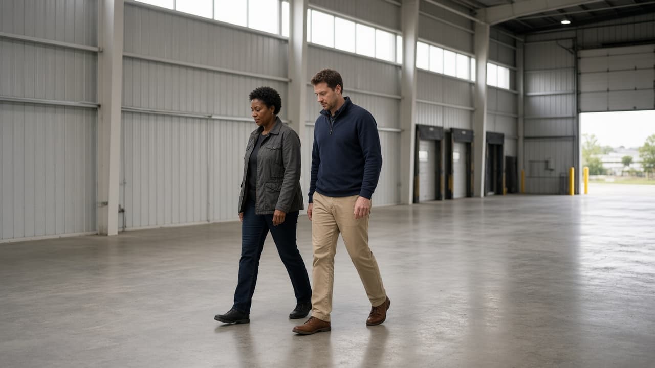 Two people walking through a flex warehouse while looking at the space.