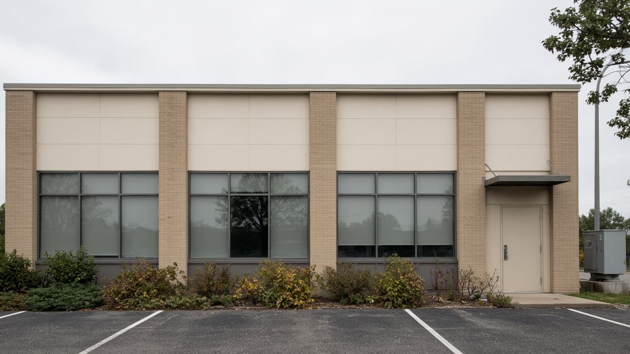 One-story multi-tenant commercial building with brick piers and a front parking lot.