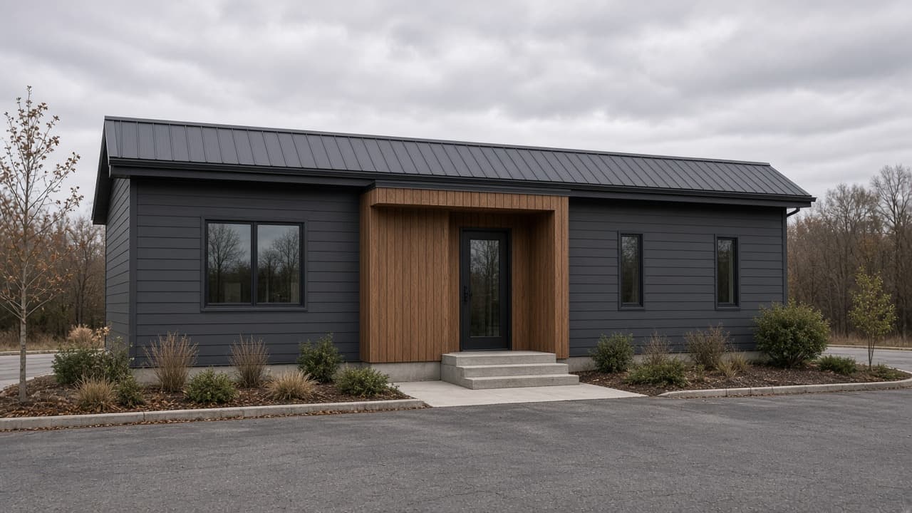 Small charcoal metal building with a wood entry a business could occupy.