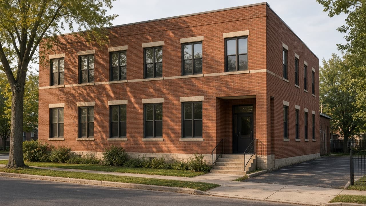 Two-story red-brick commercial building on a quiet street, with a side parking lot.