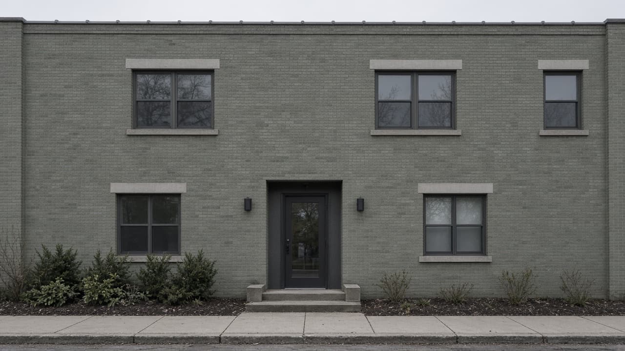 Two-story gray-green brick building with a centered door and a sidewalk.
