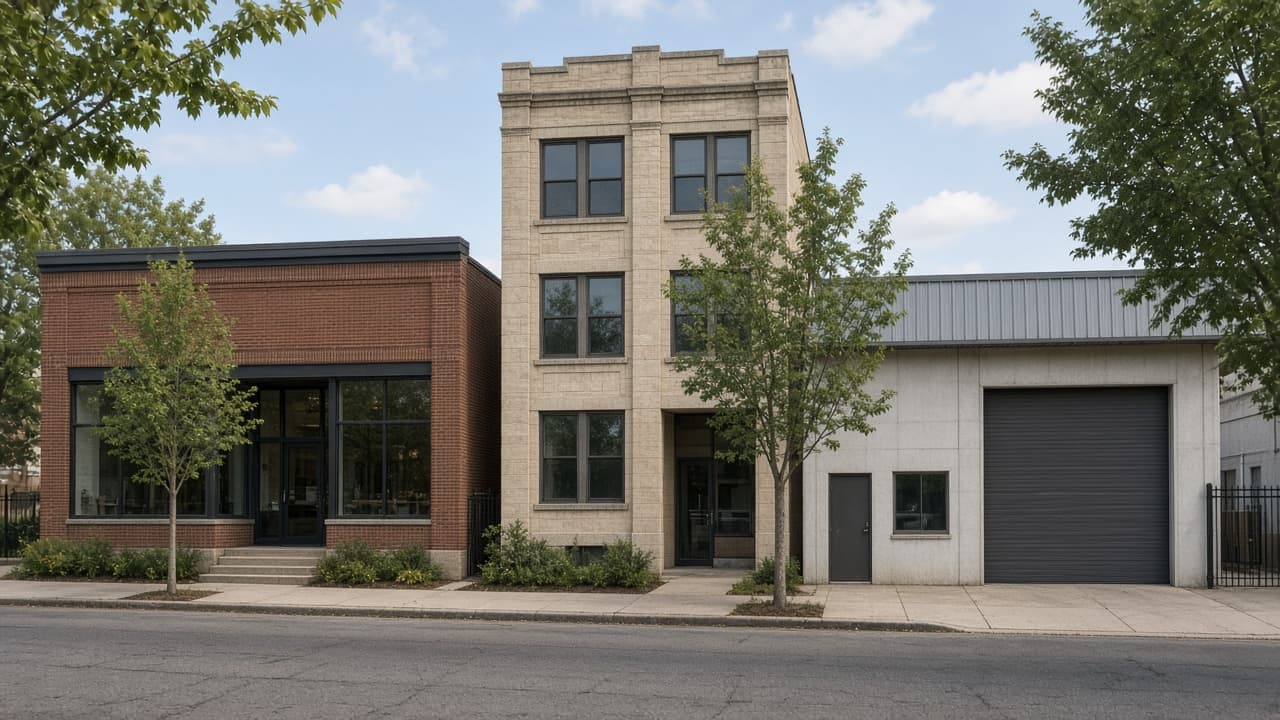 A brick shop, a taller stone office, and a warehouse bay along one commercial street.