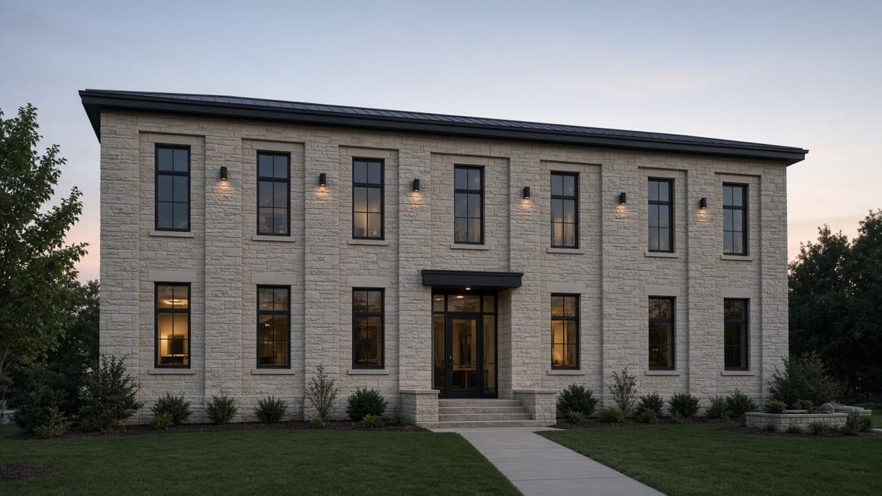 Two-story limestone office with a lit entry and a lawn at dusk.