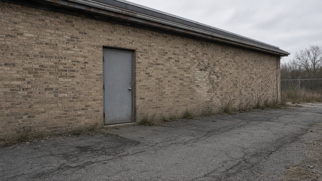 Older tan-brick commercial building with a metal door and a cracked asphalt apron.