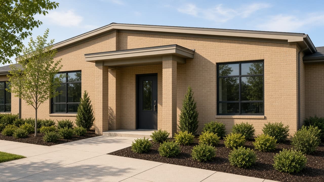 One-story tan brick commercial building with a covered entry and fresh landscaping.