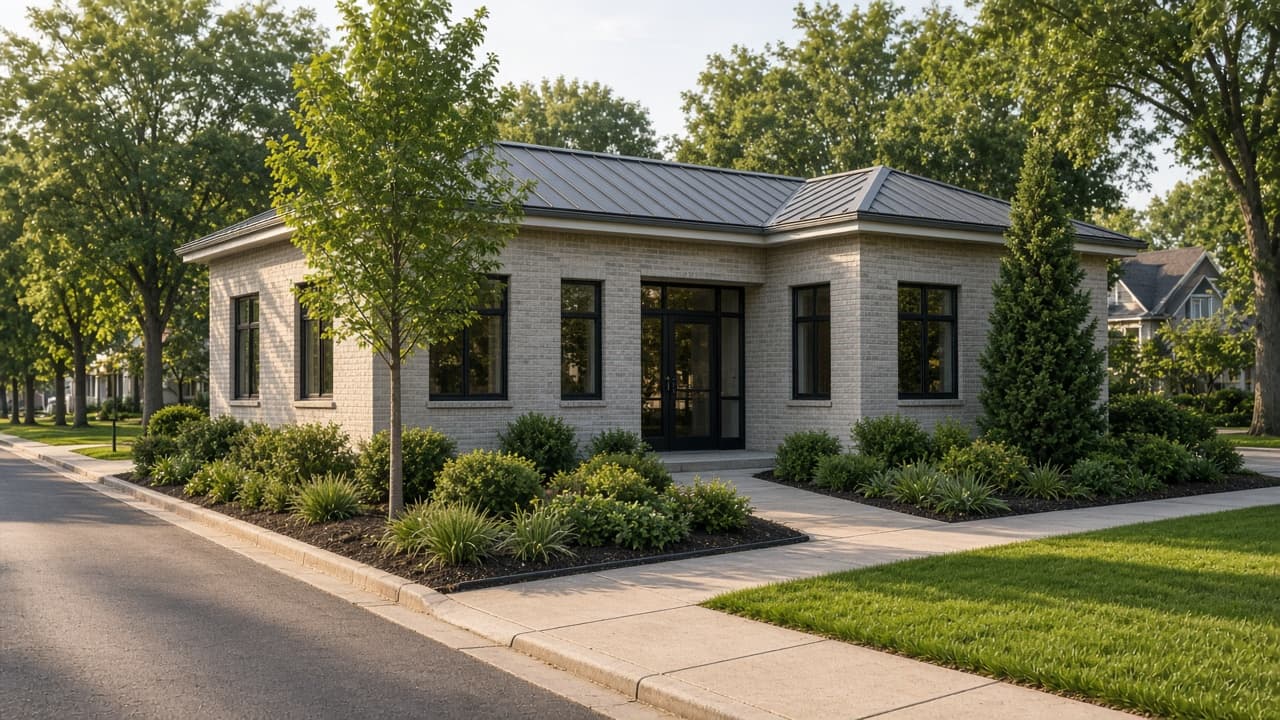 Small light-brick commercial building with a metal roof on a tree-lined street.