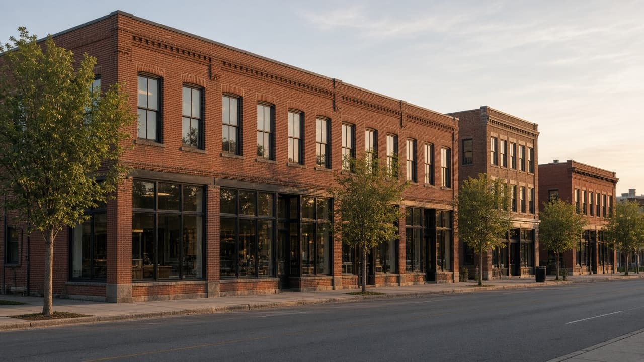 Two-story red-brick commercial buildings along a wide city street.