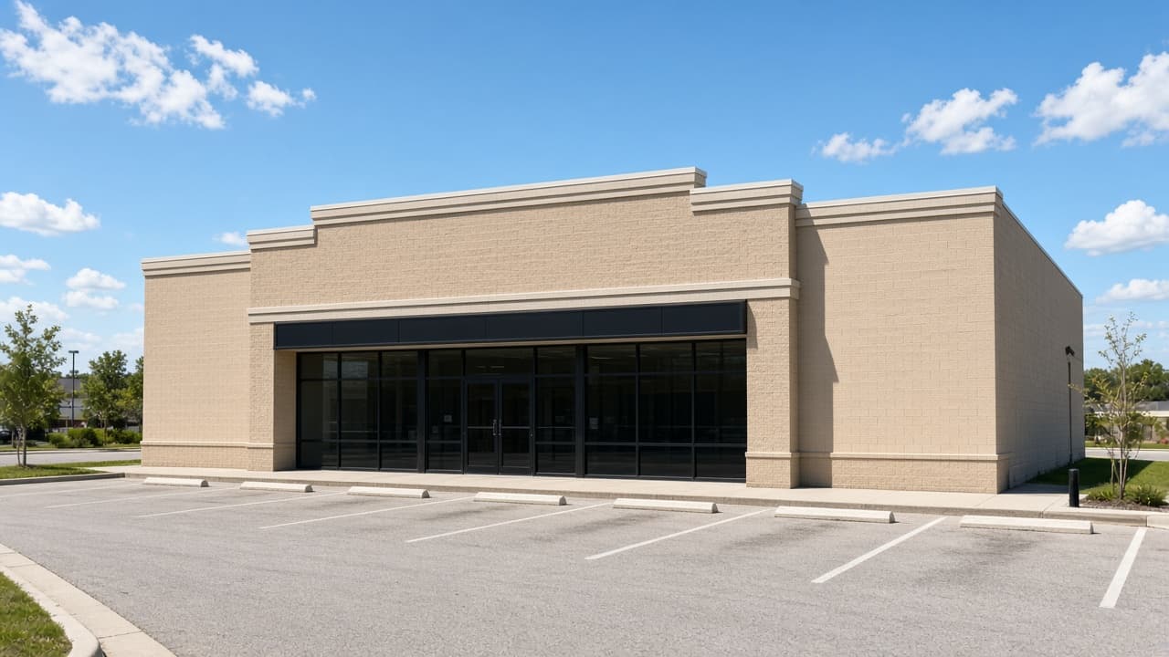 Freestanding beige retail building with a blank storefront and a wide parking court.