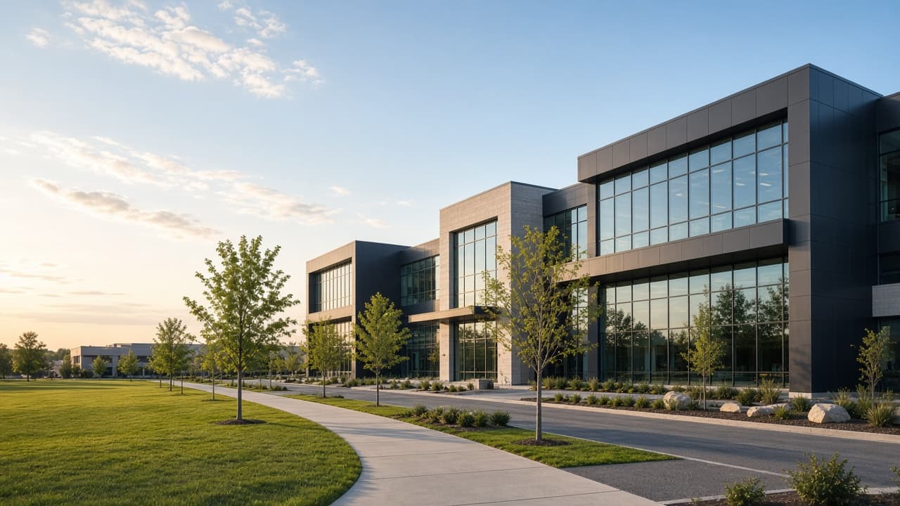 Dark metal and glass commercial buildings beside a lawn and curved walk.