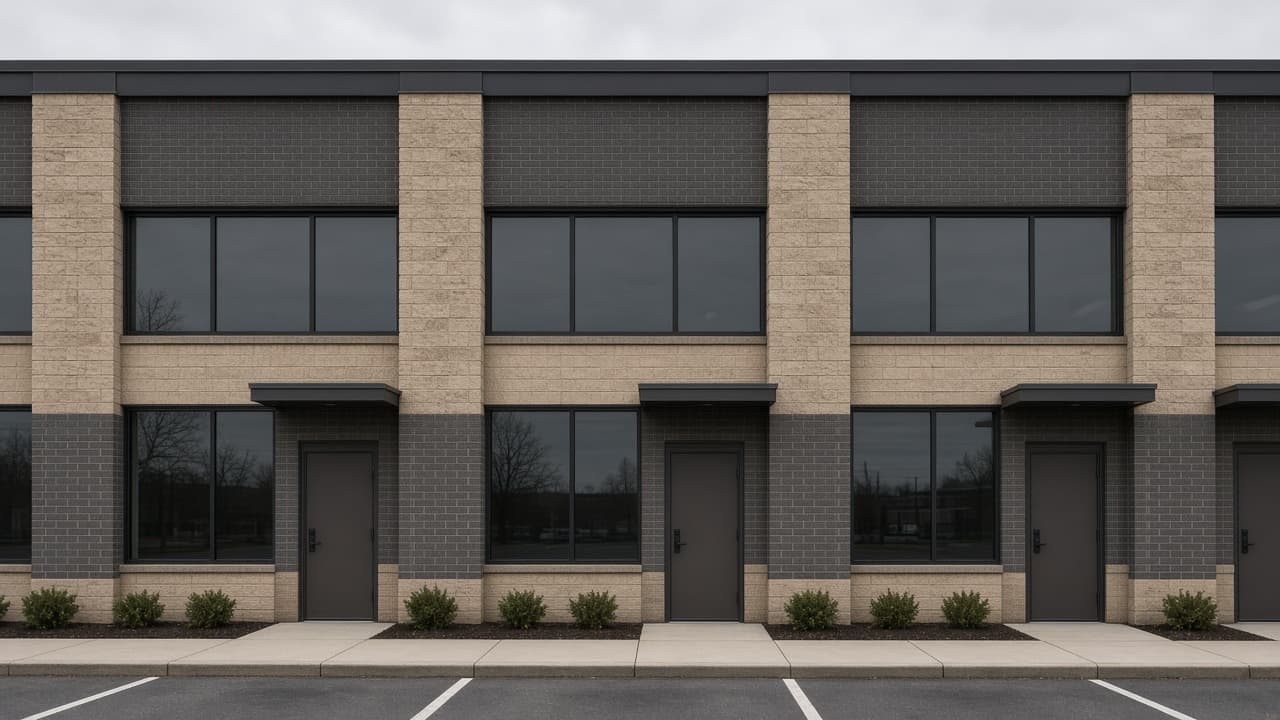 One-story multi-tenant flex building with repeated blank storefronts and separate suite doors.