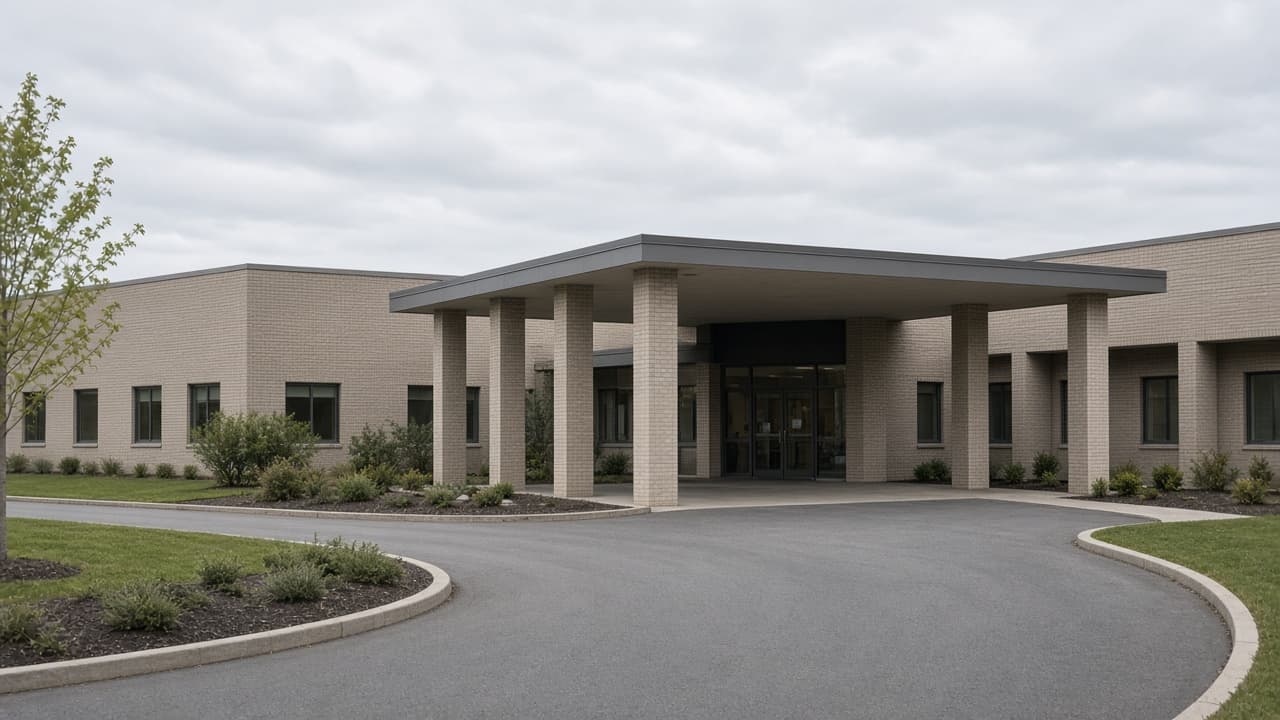 Single-story brick clinic with a covered drop-off and a curved drive.
