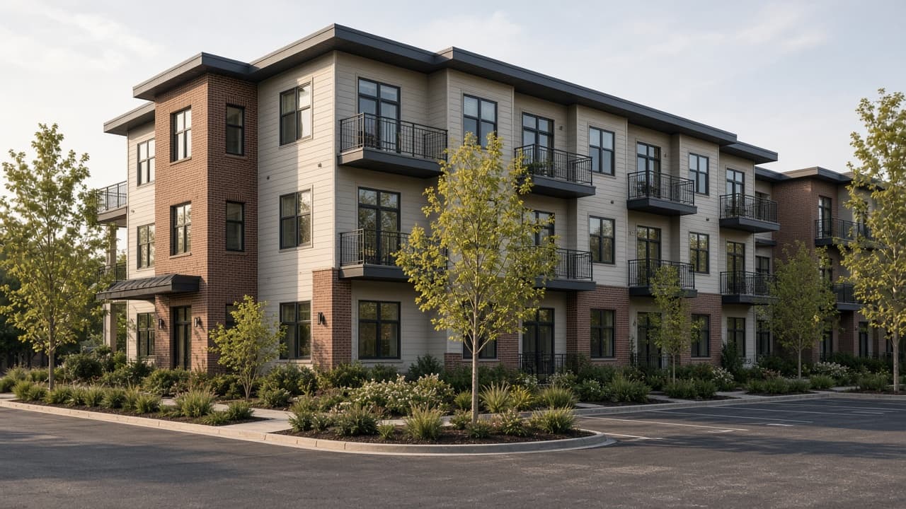 Three-story apartment building with parking and ordinary landscaping.