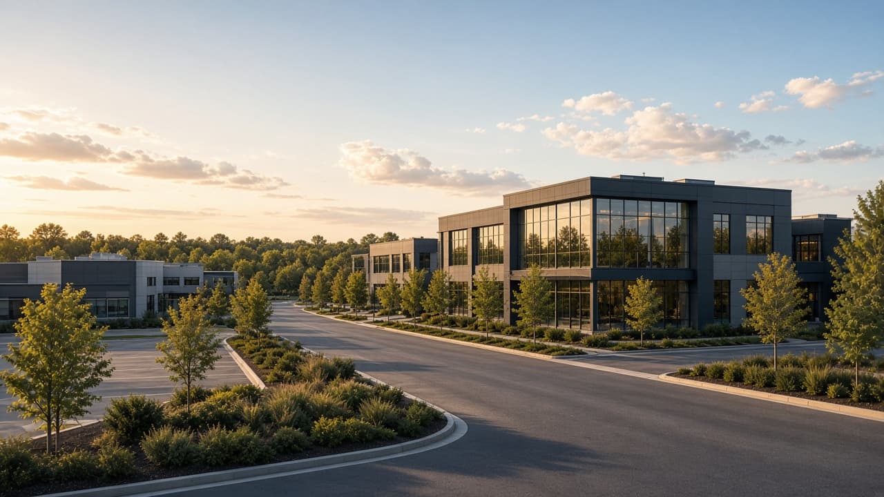 Low office and flex buildings along a landscaped business-park road.